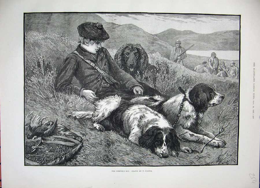 Old Antique Print 1887 Keeper'S Boy Hunting Sport Men Dogs Guns Country 19th