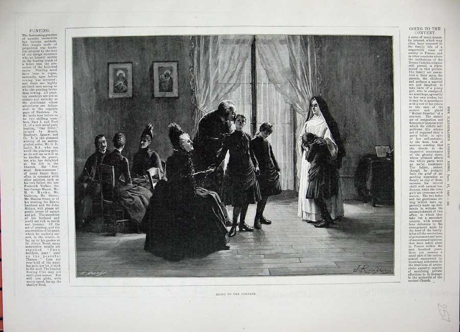 Original Old Antique Print 1887 Young Girls Convent Nuns Family House Fine Art