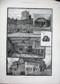 Original Old Antique Print 1887 Cobham Kent Leather Bottle Inn College Pickwick