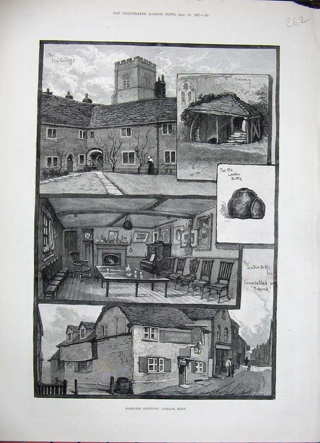 Original Old Antique Print 1887 Cobham Kent Leather Bottle Inn College Pickwick