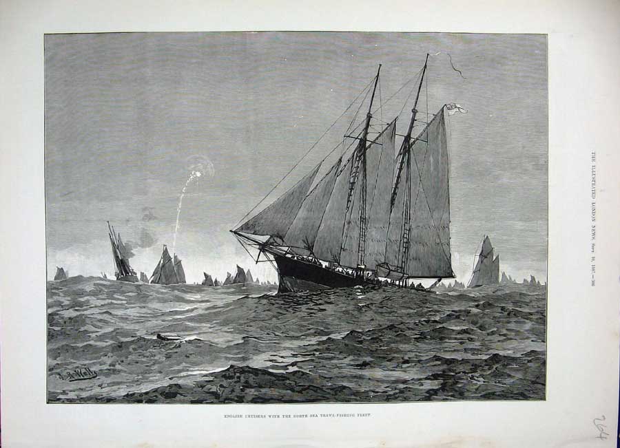 Old Antique Print 1887 English Cruisers Ships North Sea Trawler Fleet Art 19th