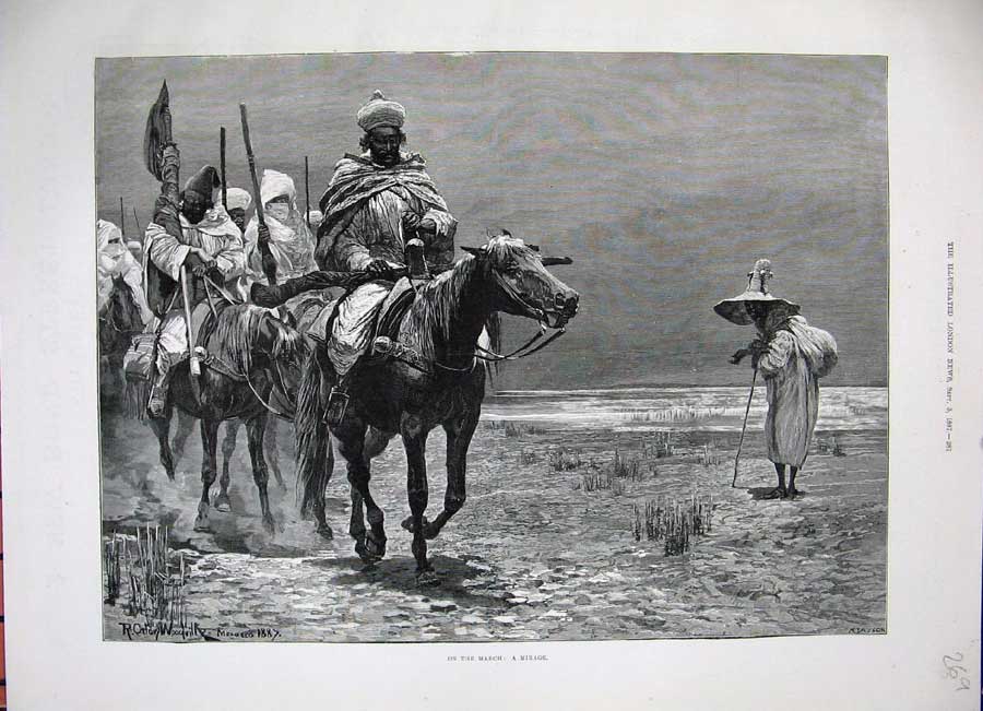Old Antique Print Woodville Fine Art 1887 Men March Horses Desert Mirage 19th