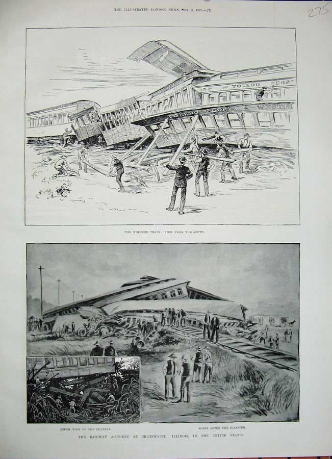 Old Antique Print 1887 Railway Crash Chatsworth Illinois America Culvert 19th