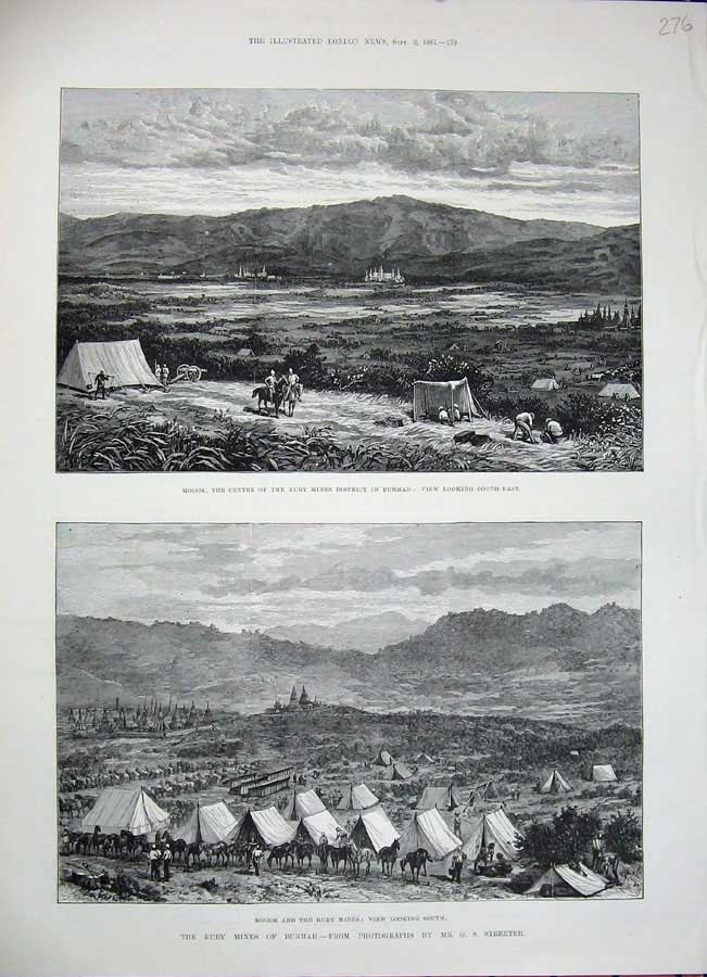 Original Old Antique Print Ruby Mines Burmah 1887 Mogok Camp Mountains Horses