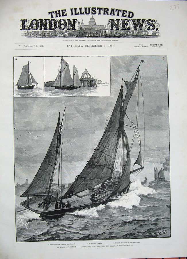 Old Antique Print 1887 Riots Ostend English Belgian Fishing Boats Trawler 19th