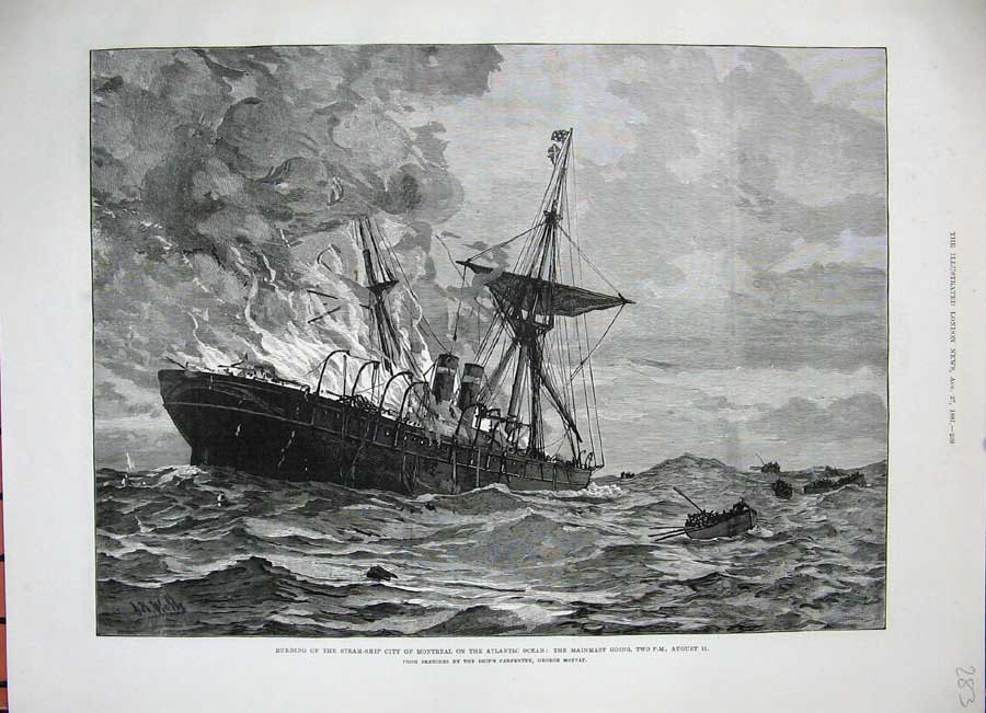 Old Antique Print 1887 Fire Steam Ship Montreal Atlantic Ocean Sea Moffat 19th
