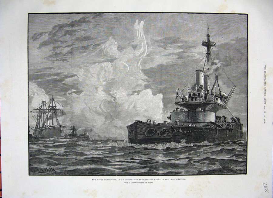 Old Antique Print 1887 Naval Manoeuvres H.M.S Devastation Irish Channel 19th