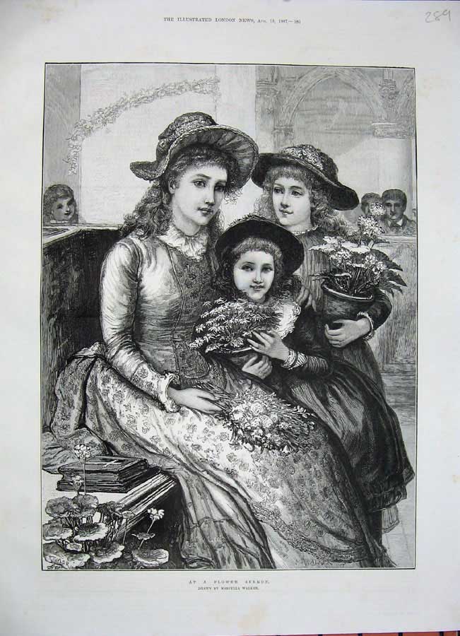 Original Old Antique Print 1887 Flower Sermon Children Church Bible Walker Art