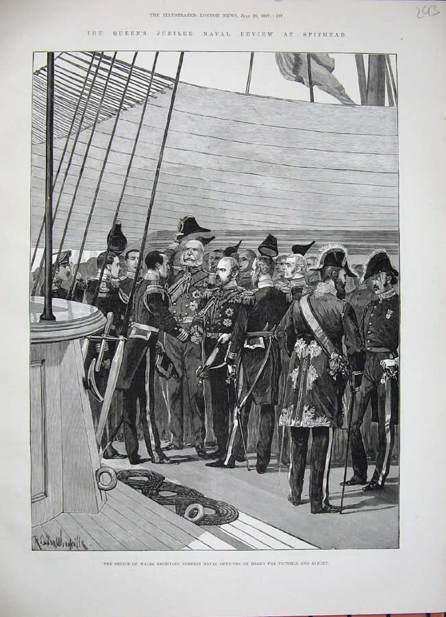 Old Antique Print 1887 Prince Wales Foreign Naval Officers Ship Victoria 19th