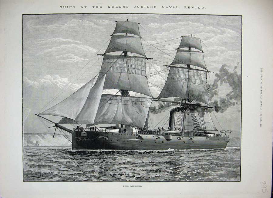 Original Old Antique Print 1887 War Ship H.M.S Imperieuse Queen'S Naval Jubilee
