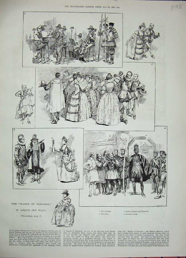 Original Old Antique Print 1887 Maske Flowers Gray'S Inn Hall Theatre Orchestra