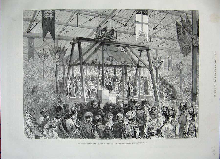 Old Antique Print 1887 Queen Foundation Stone Imperial Institute Building 19th