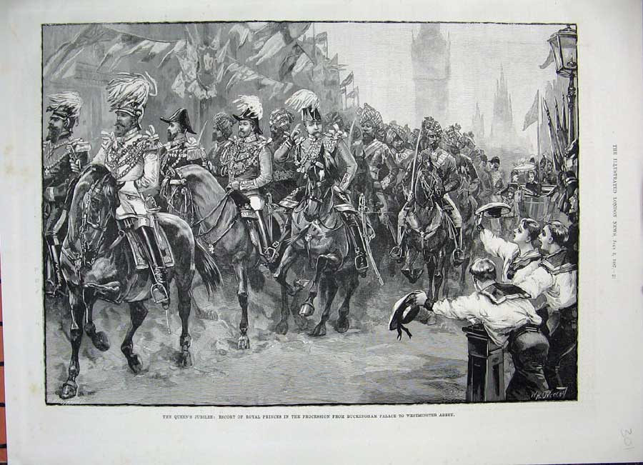 Original Old Antique Print Queen'S Jubilee 1887 Princes Buckingham Palace Abbey