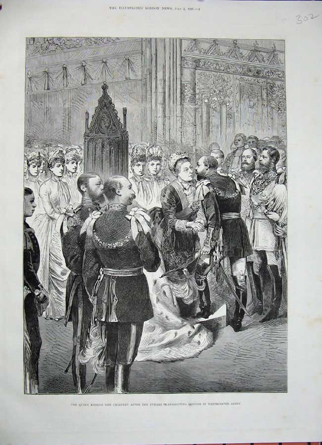 Old Antique Print Queen Kissing Children Jubilee Westminster Abbey 1887 19th