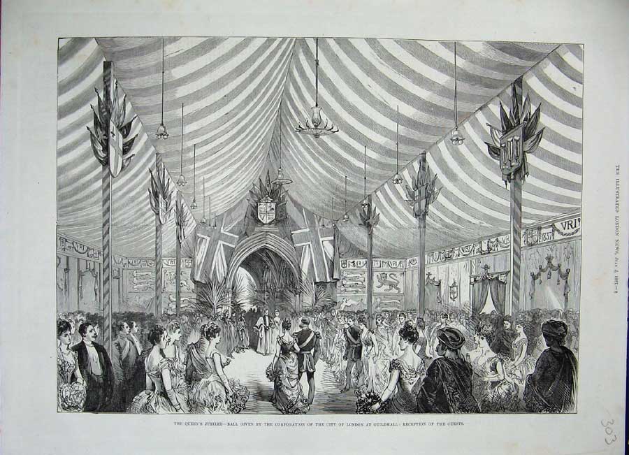 Old Antique Print 1887 Queen'S Jubilee Ball Guildhall London Dancing Art 19th