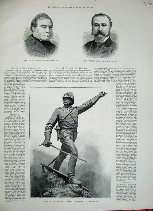 Old Antique Print 1887 Statue General Earle Liverpool Maple Burrows Bart 19th