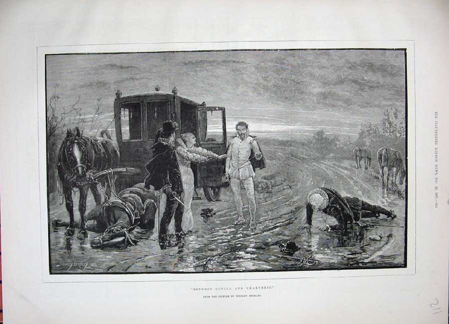 Original Old Antique Print 1887 Battle Scene Horse Carriage Men Swords Scylla