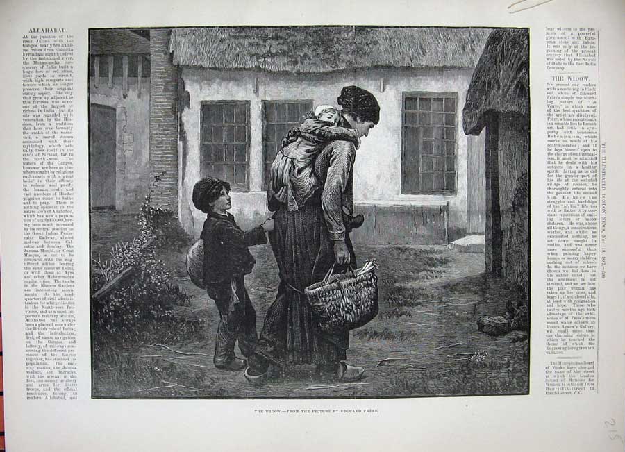 Original Old Antique Print 1887 Edouard Frere Widow Mother Children Basket Art