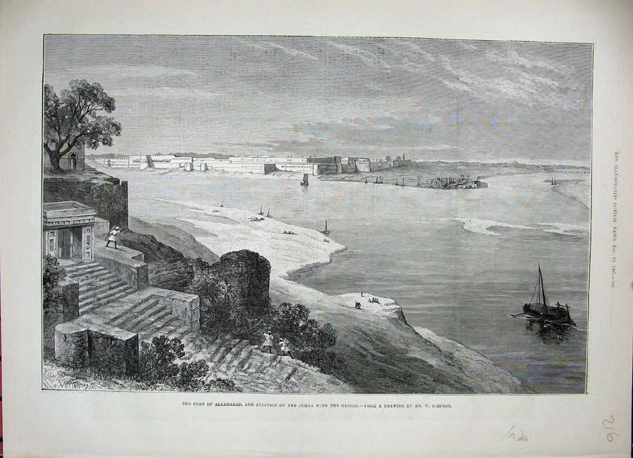 Original Old Antique Print India 1887 Fort Allahabad Jumna Ganges River Boats