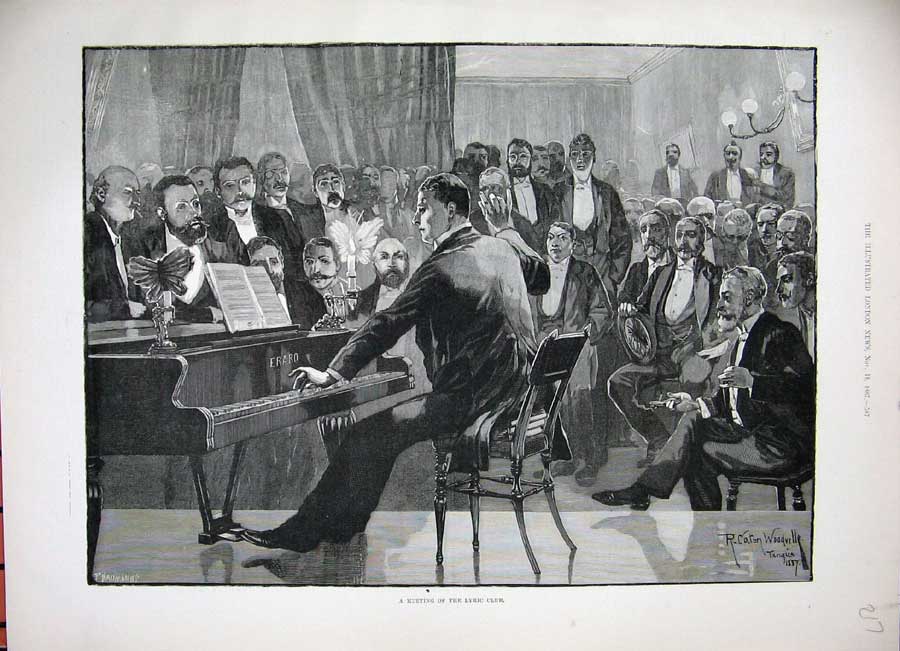 Old Antique Print Woodville Fine Art 1887 Meeting Lyric Club Piano Music 19th