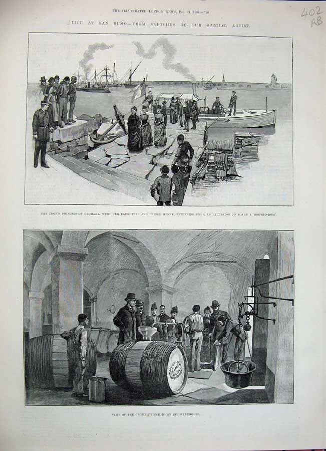 Old Antique Print 1887 San Remo Princess Germany Prince Church Bergmann 19th