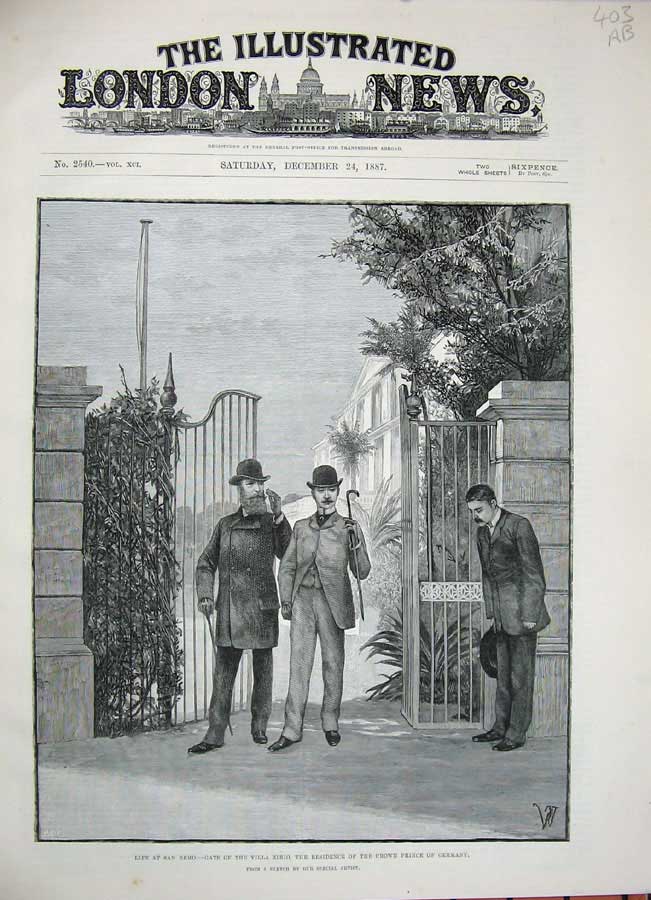 Old Antique Print 1887 San Remo Villa Zirio Crown Prince Germany Harbour 19th