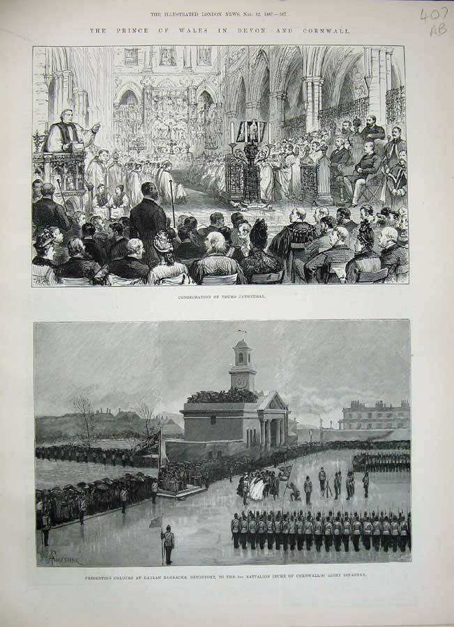 Antique Old Print 1887 Prince Wales Devon Cornwall Truro Cathedral Raglan 19th
