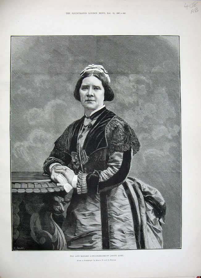 Original Old Antique Print 1887 Madame Lind-Gschmidt Jenny Lind Theatre Exeter
