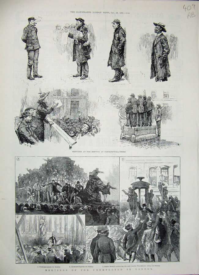 Original Old Antique Print 1887 Unemployed London Clerkenwell Trafalgar Covent