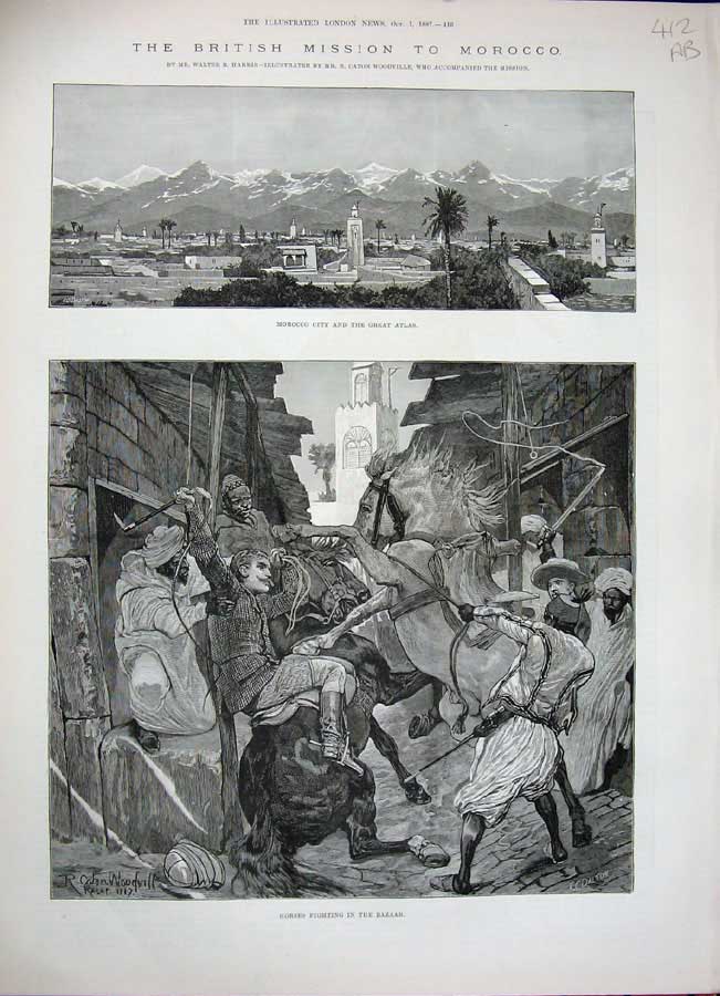 Antique Old Print 1887 Morocco Horses Fighting Bazaar Atlas Mountains Sus 19th