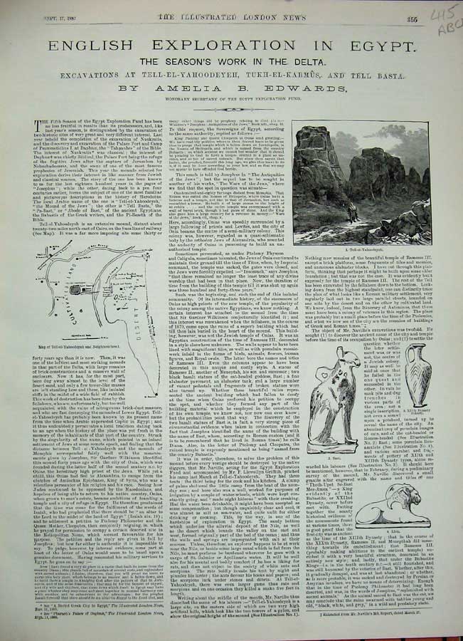 Antique Old Print 1887 Egypt Delta Desert Plan Temple Statue Columns Fort 19th