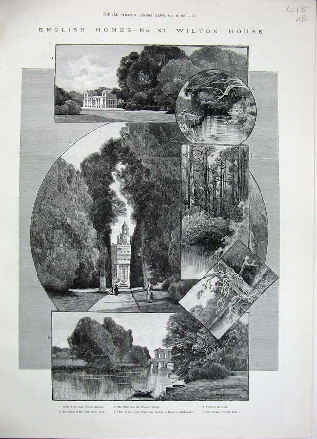 Old Antique Print 1887 English Homes Wilton House Garden Bridge Lake Art 19th