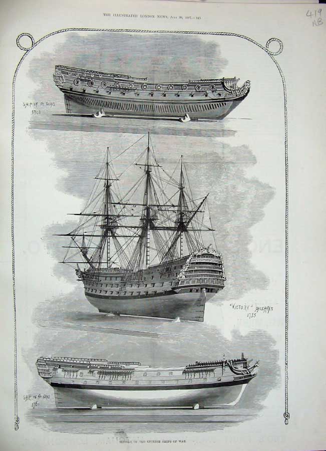 Antique Old Print 1887 English Ship War Victory Great Harry Royal William 19th