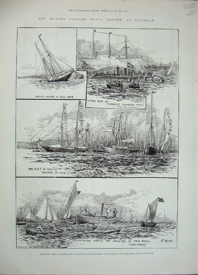 Old Antique Print 1887 Queen'S Jubilee Spithead Ryde Ships Rubber Percha 19th