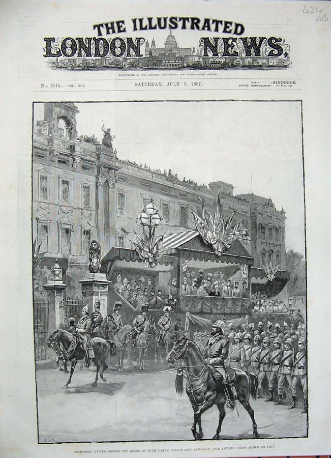 Original Old Antique Print 1887 Queen Buckingham Palace Siers Aldershott Berks
