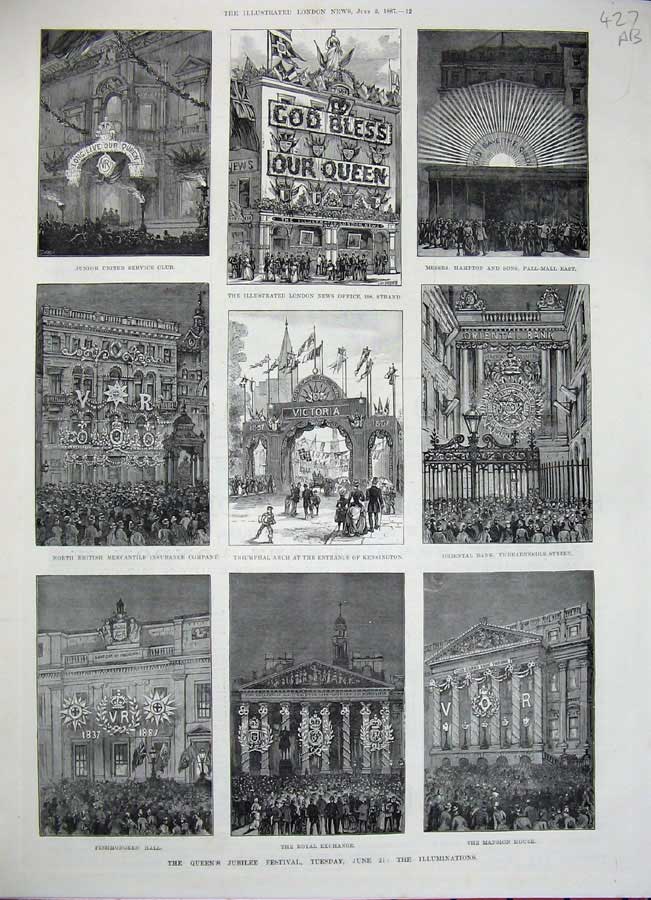 Old Antique Print 1887 Queen'S Jubilee Festival Arch London Windsor Bank 19th