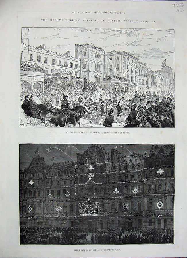 Old Antique Print 1887 Queen Jubilee London Pall-Mall Grosvenor Prince 19th