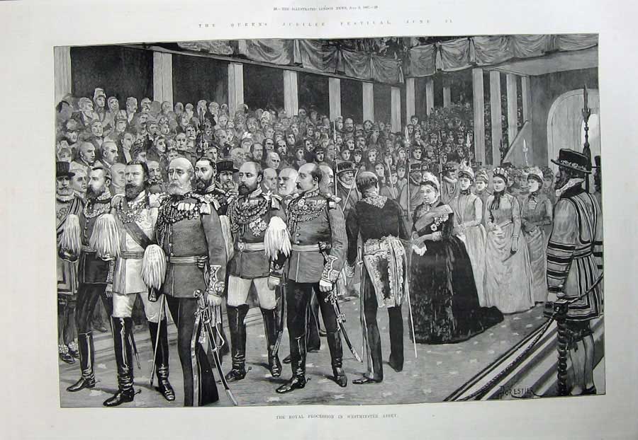 Old Antique Print 1887 Queen Jubilee Westminster Abbey Royal Procession 19th