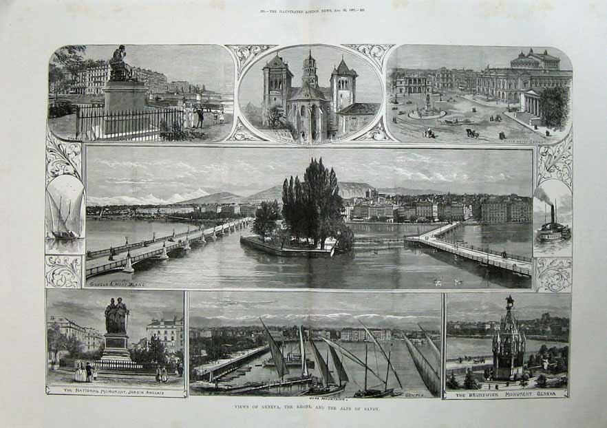 Old Antique Print 1887 Geneva River Rhone Monument Mont Blanc Jura Art 19th