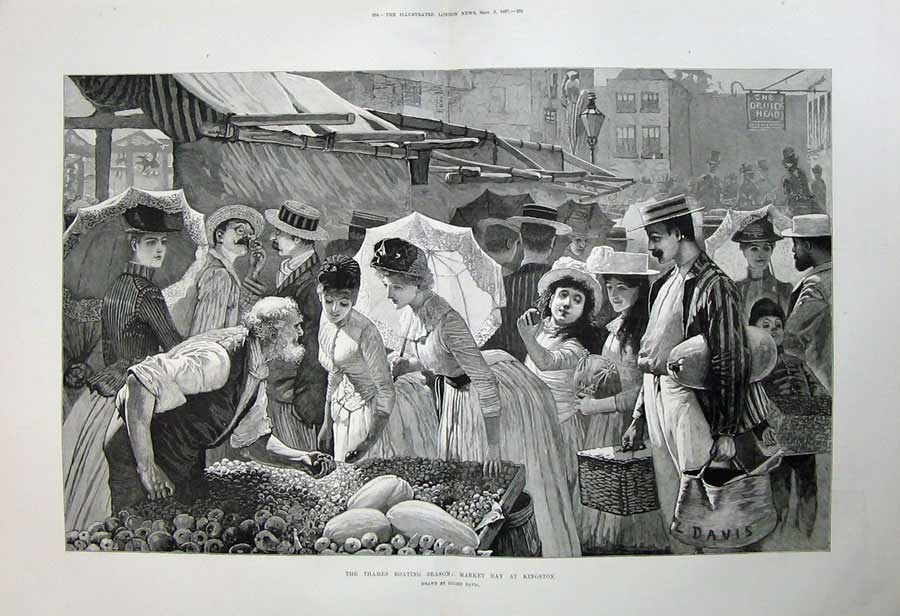 Old Antique Print Thames Boating Season 1887 Market Day Kingston Sellers 19th