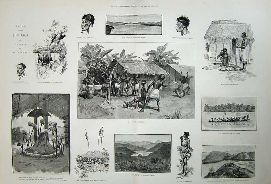 Old Antique Print 1887 Ba-Yanzi Execution Canoe Congo River Monument Mud 19th