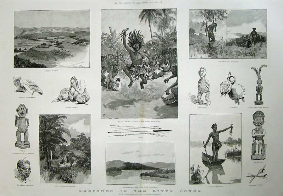 Antique Old Print 1887 River Congo Medicine Men Fisherman Lukunga Station 19th