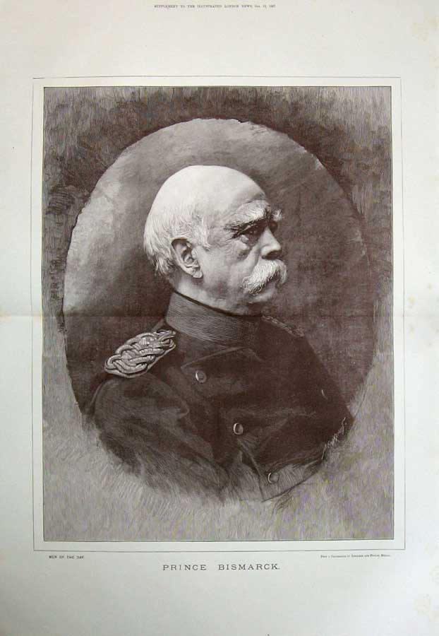 Original Old Antique Print 1887 Portrait Prince Bismarck Man Army War Art 19th