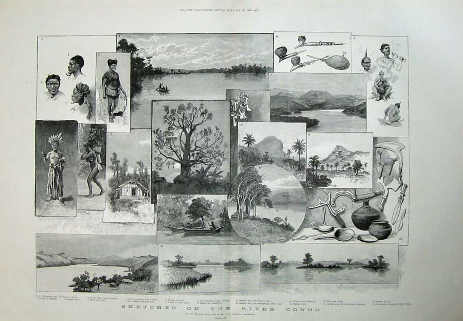 Old Antique Print 1887 River Congo Mangwa Bidi Wood Pipes Bangala Woman 19th