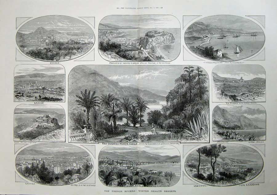 Old Antique Print 1887 French Riviera Nice Monaco Monte Carlo Menton Art 19th