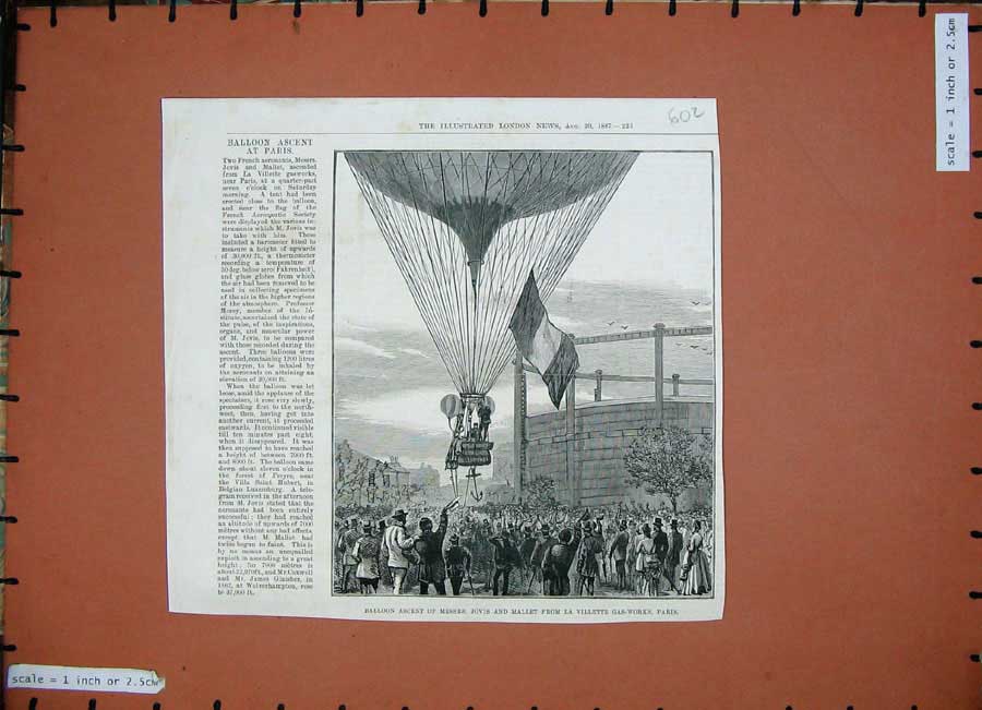 Old Antique Print Balloon Ascent Jovis Mallet Villette Paris France 1887 19th
