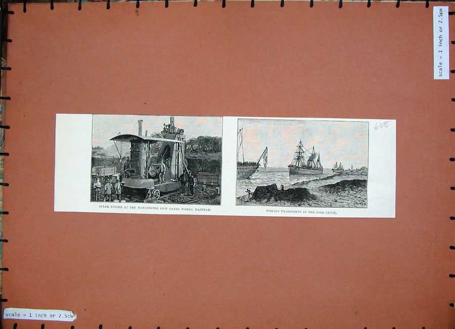 Original Old Antique Print 1887 Italian Ship Suez Canal Steam Digger Manchester