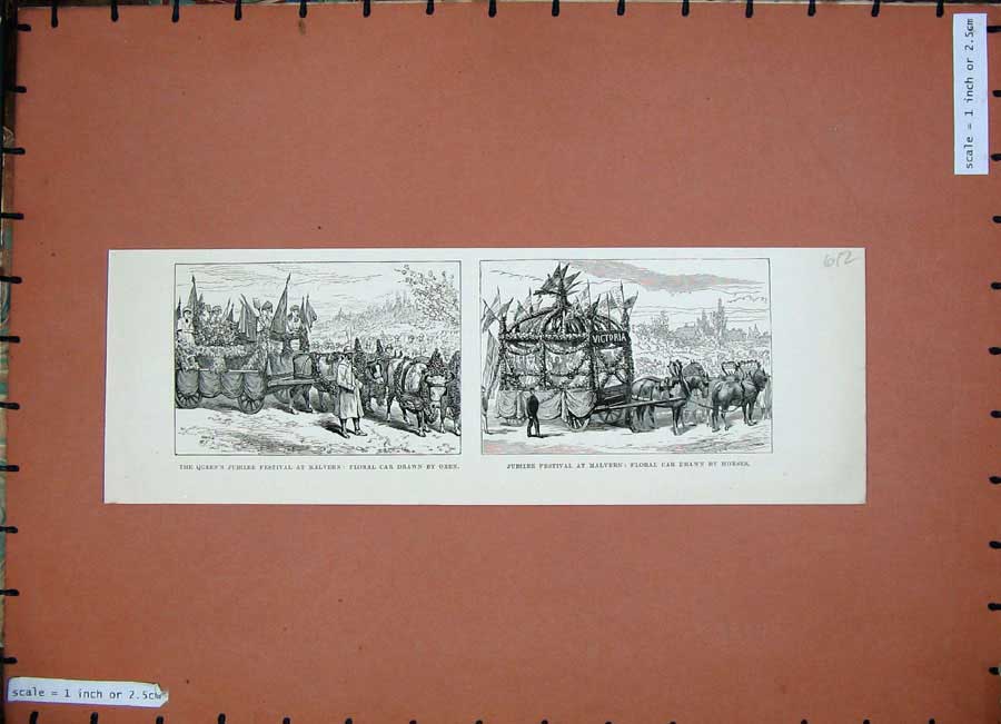 Original Old Antique Print 1887 Queen Jubilee Festival Malvern Floral Car Oxen