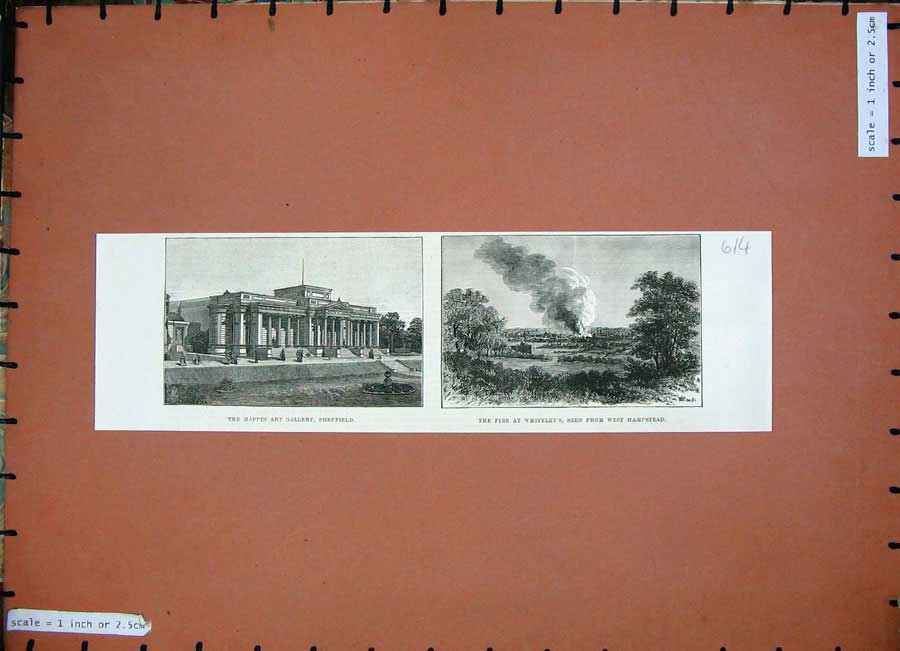 Old Antique Print 1887 Mappin Art Gallery Sheffield Fire Whitley'S Flames 19th