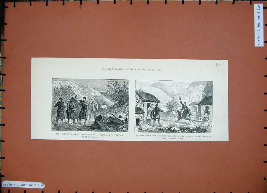 Original Old Antique Print 1887 Ireland Police Car Horse Scout Sheriff Eviction